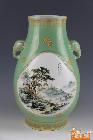 粉彩山水绿釉描金福筒瓶—云岭对弈-(1)